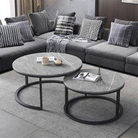 Set of 2 Real Marble Round Nesting Coffee Table Grey Side End Table Accent Table