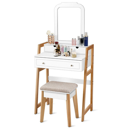 Makeup Vanity Table w/ 3 Drawers & Mirror Cushioned Stool CosmeticSet