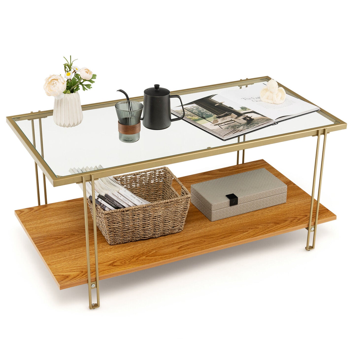 Coffee Table Rectangle Glass Top Wood Bottom Storage Shelf Gold Steel