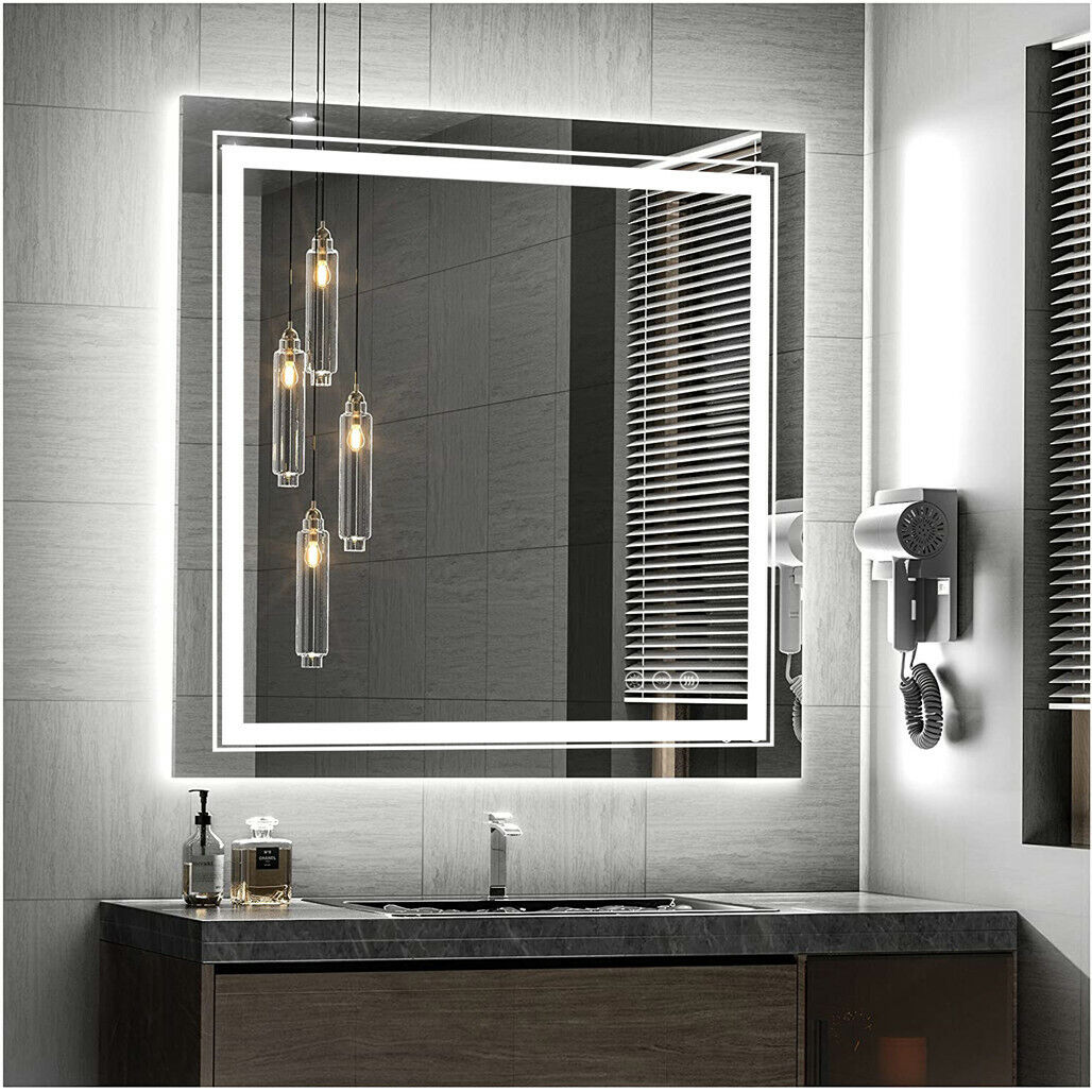 Square Double Strip Light Bathroom Mirror Illuminated Vanity Makeup Mirror IP>44