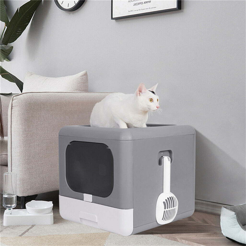 Foldable Fully Enclosed Hooded Cat Litter Box Self-Cleaning Kitty Toilet w Tray