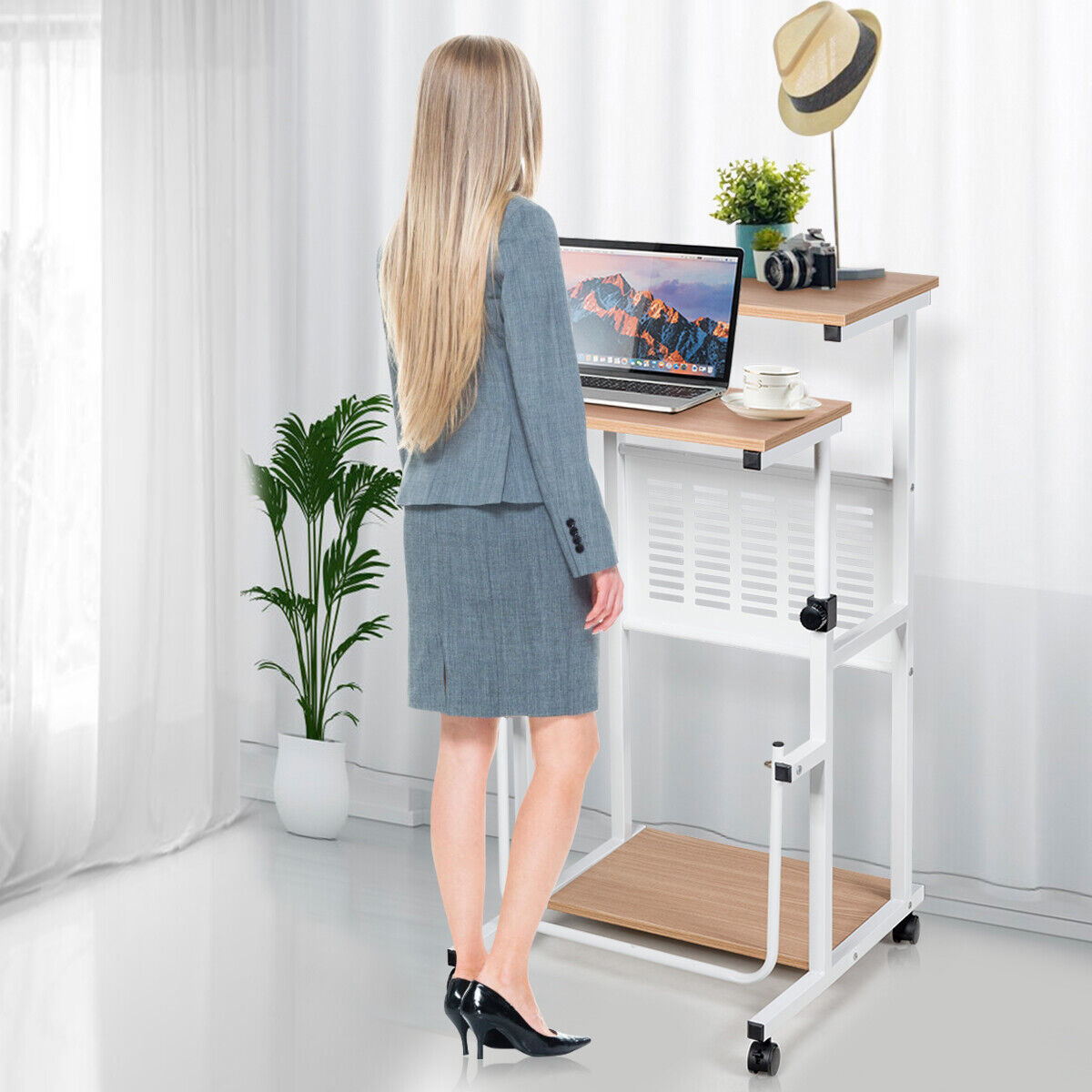 Mobile Desk Height Adjustable Computer Standing w/wheels &Footrest