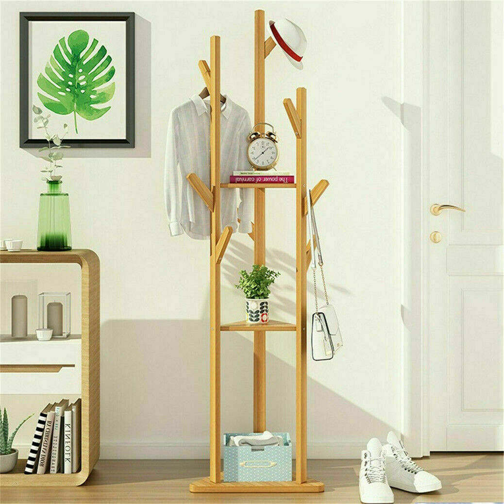 Hall Tree Garment Storage Holder Coat Rack Stand with 3 Shelves for Clothes Bag