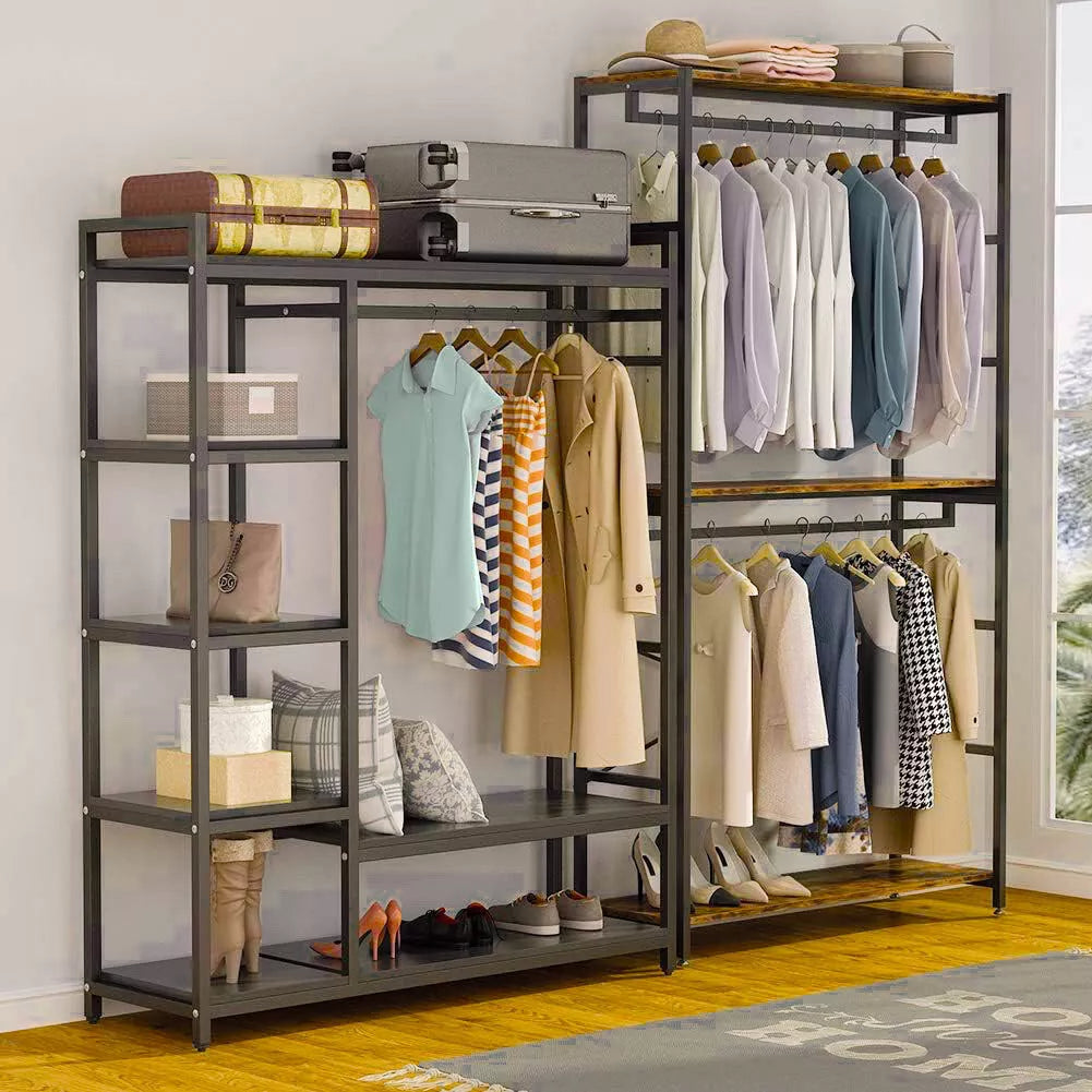 Freestanding Double Rod Closet Organizer – 3-Tier Shelves Garment Rack for Clothes Storage