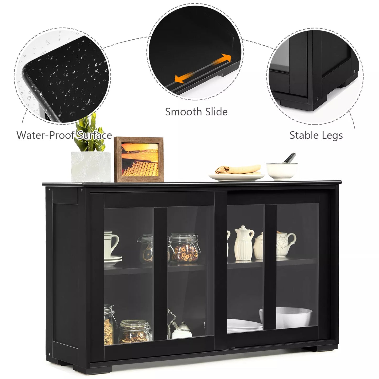 Black Kitchen Buffet Cabinet – Sideboard with Storage Shelves and Doors