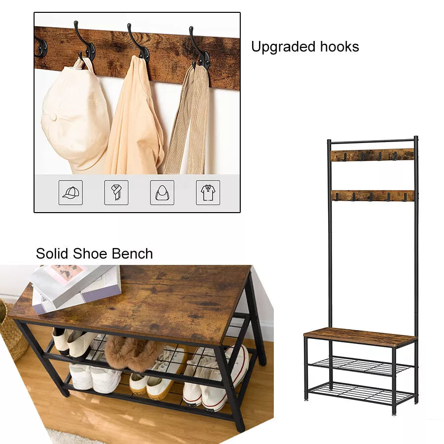 3-in-1 Entryway Coat Rack with Shoe Bench and Hall Tree Organizer