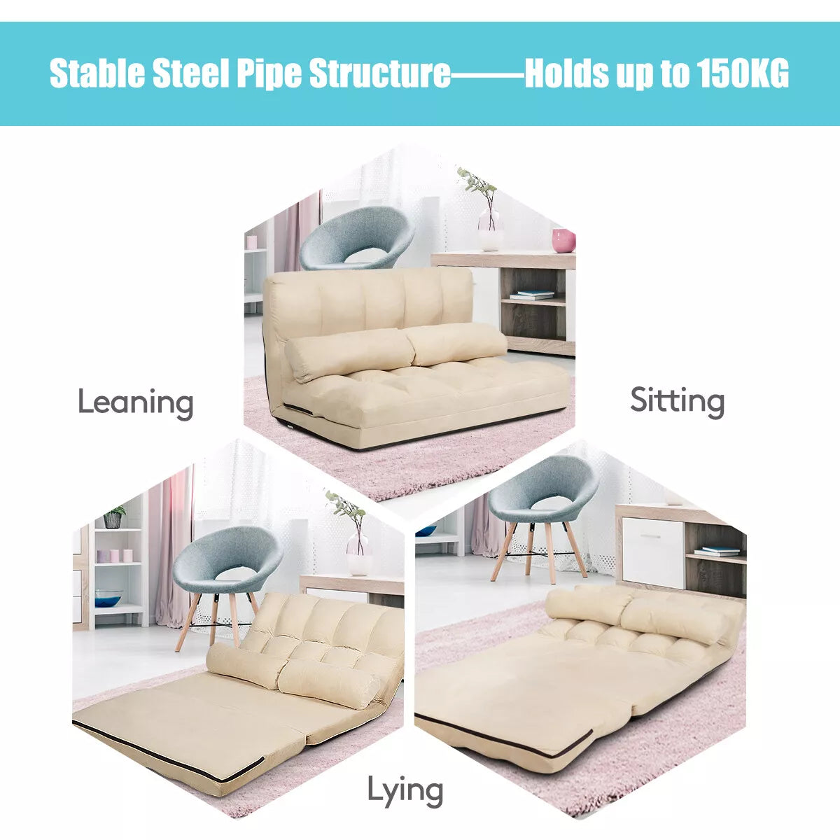 Adjustable Foldable Floor Sofa Bed Chair with 6 Positions & 2 Pillows