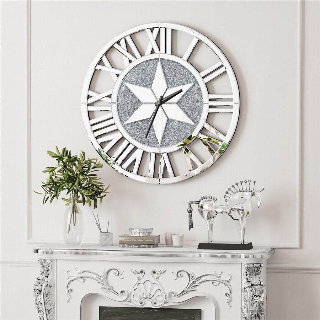 Sparkle Twinkle Crystal Diamond Wall Clock Silver Mirror Wall Decor Big Clocks