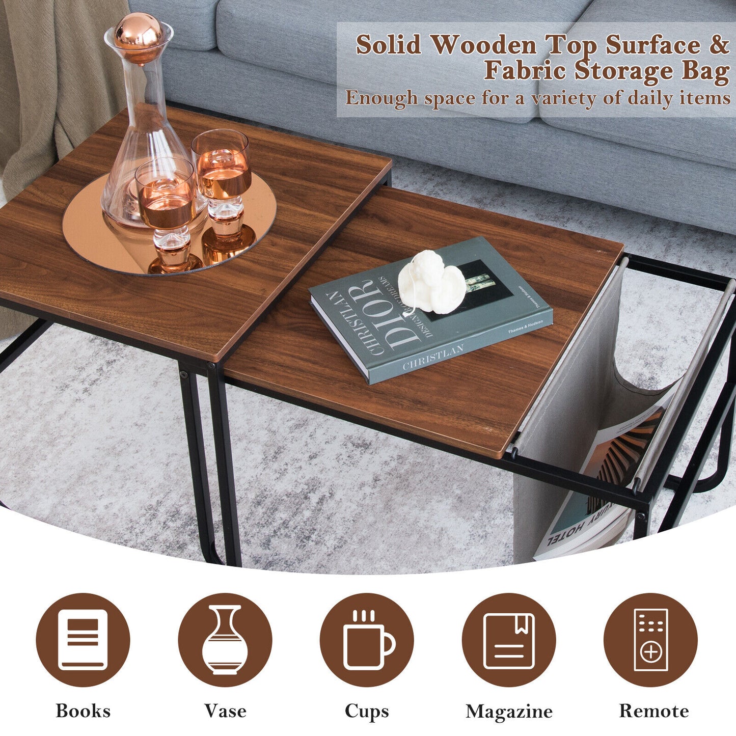 Nesting Coffee Table Nightstand Set of 2 Sofa Side End Table Industrial