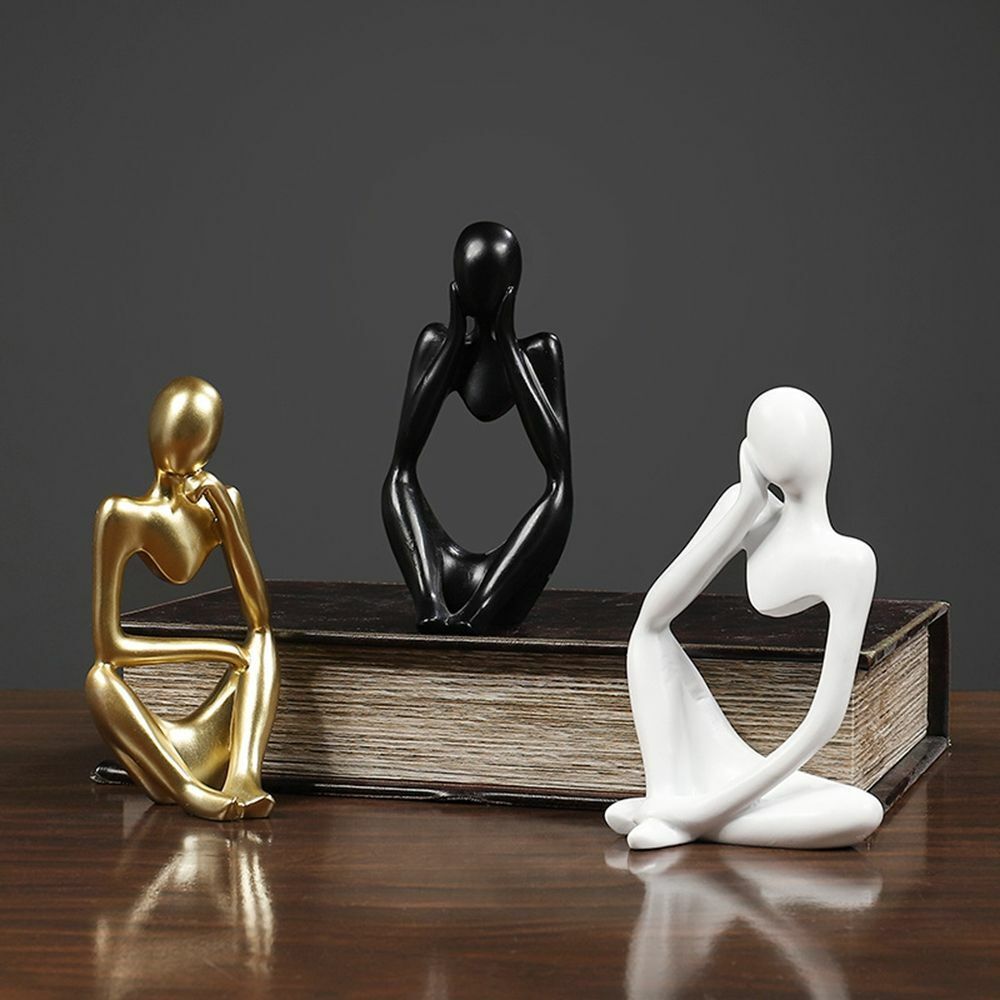 Resin Thinker sculpture - black, white and gold