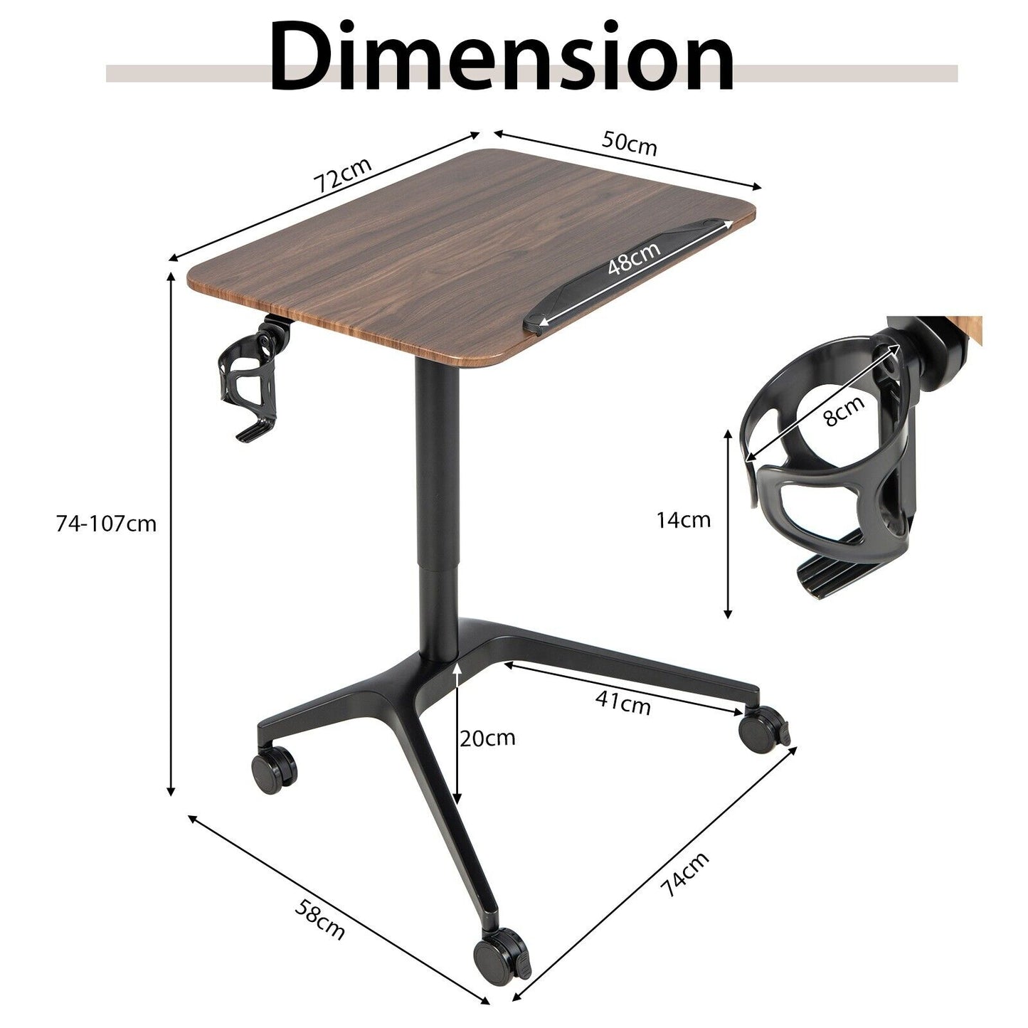 Pneumatic Standing Desk Tilting Adjustable Laptop Cart Mobile Podium Cup Holder