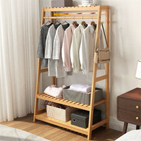 Rail Bamboo Clothes Rack Garment Hanging Stand 3 Tier Storage Shelves Closet