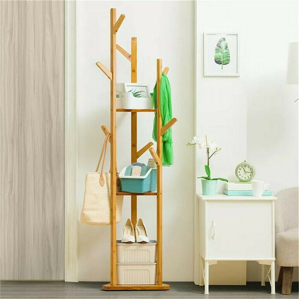 Sturdy Natural Bamboo Tree Garment Clothes Coat Hat Hanger Stand Rack w/ Shelves