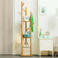 Sturdy Natural Bamboo Tree Garment Clothes Coat Hat Hanger Stand Rack w/ Shelves