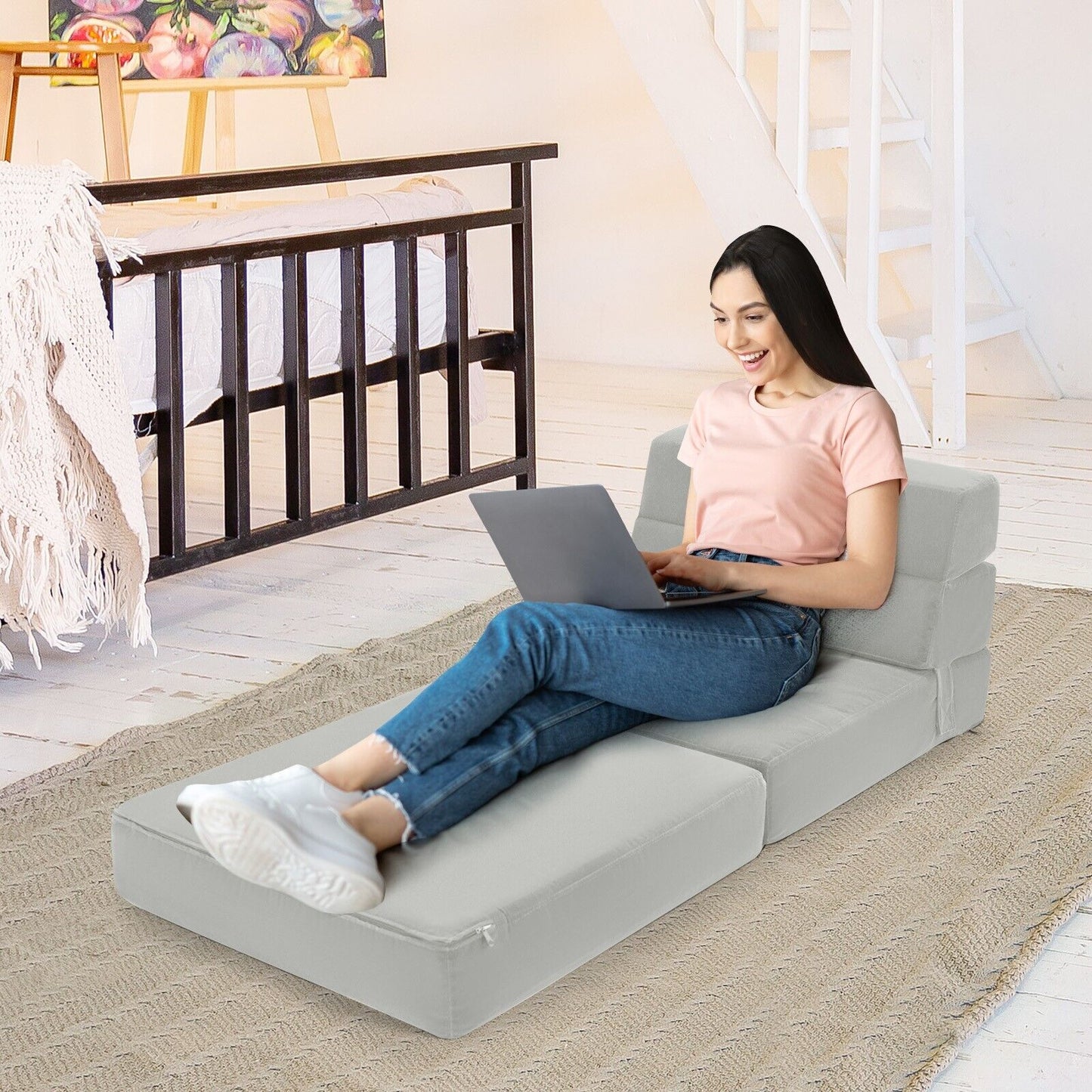 Floor Lounge Sofa Bed Folding Foam Mattress Mat Chair Portable Grey