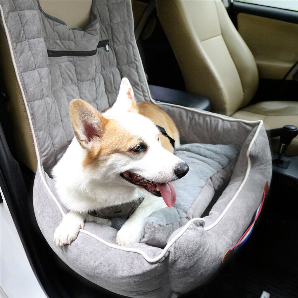 Large Cozy Dog Car Booster Double-Side Cushion Pet Travel Bed w Adjustable Strap