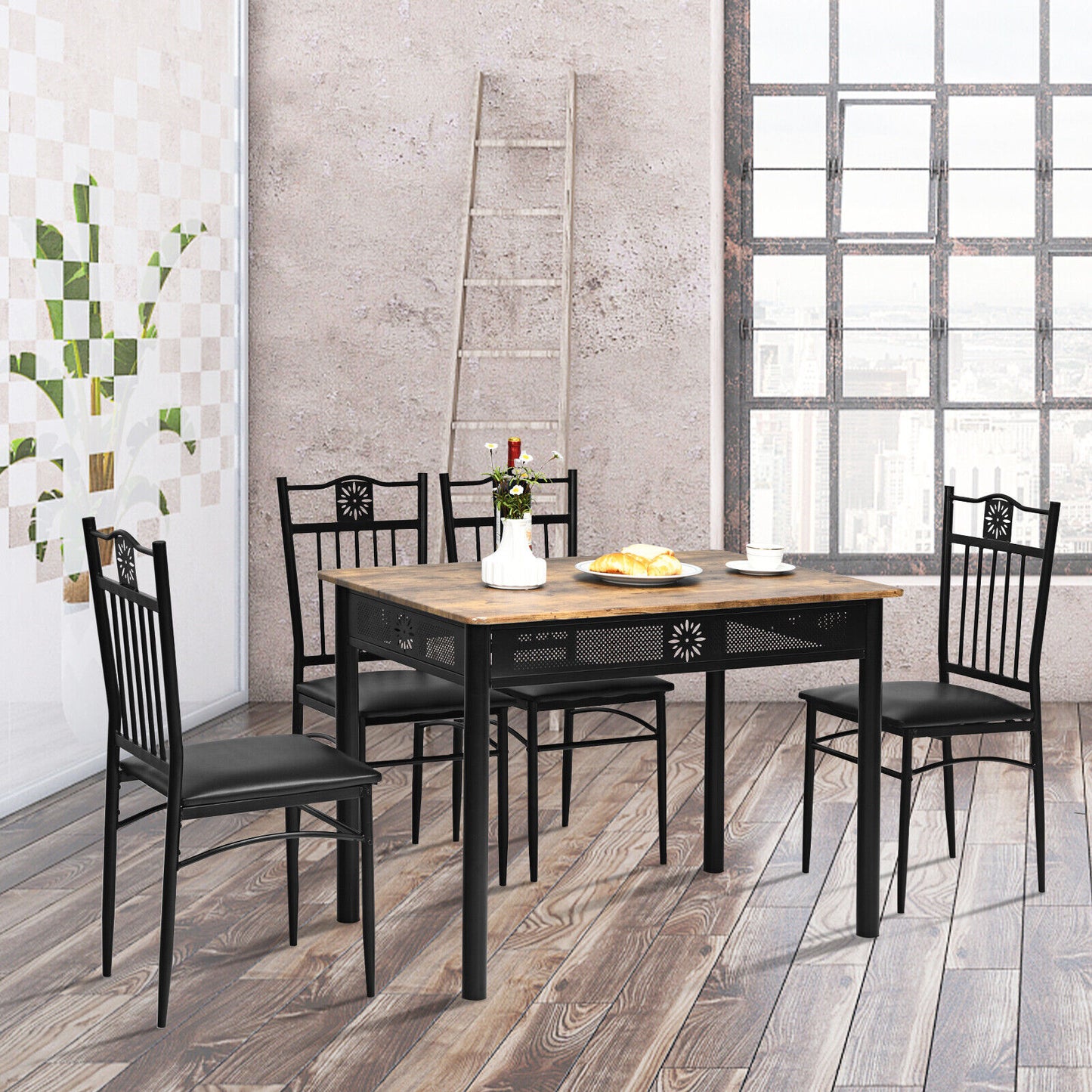 5Pcs Dining Table Set w/ 4 Padded Chairs Metal Frame Kitchen Cafe Rustic