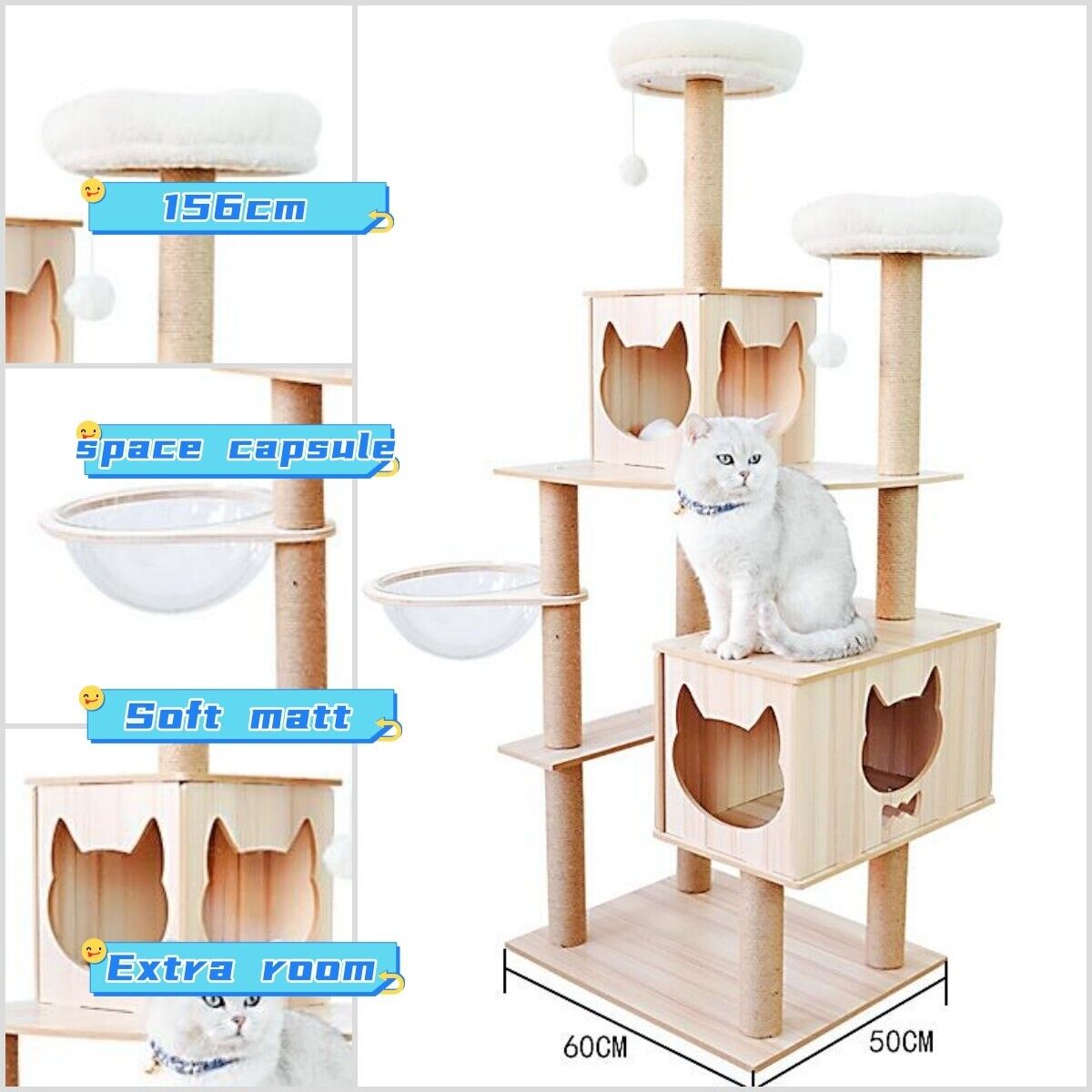 156cm Wooden Cat Tree Tower Scratching Post Scratcher Cats Condo House Bed