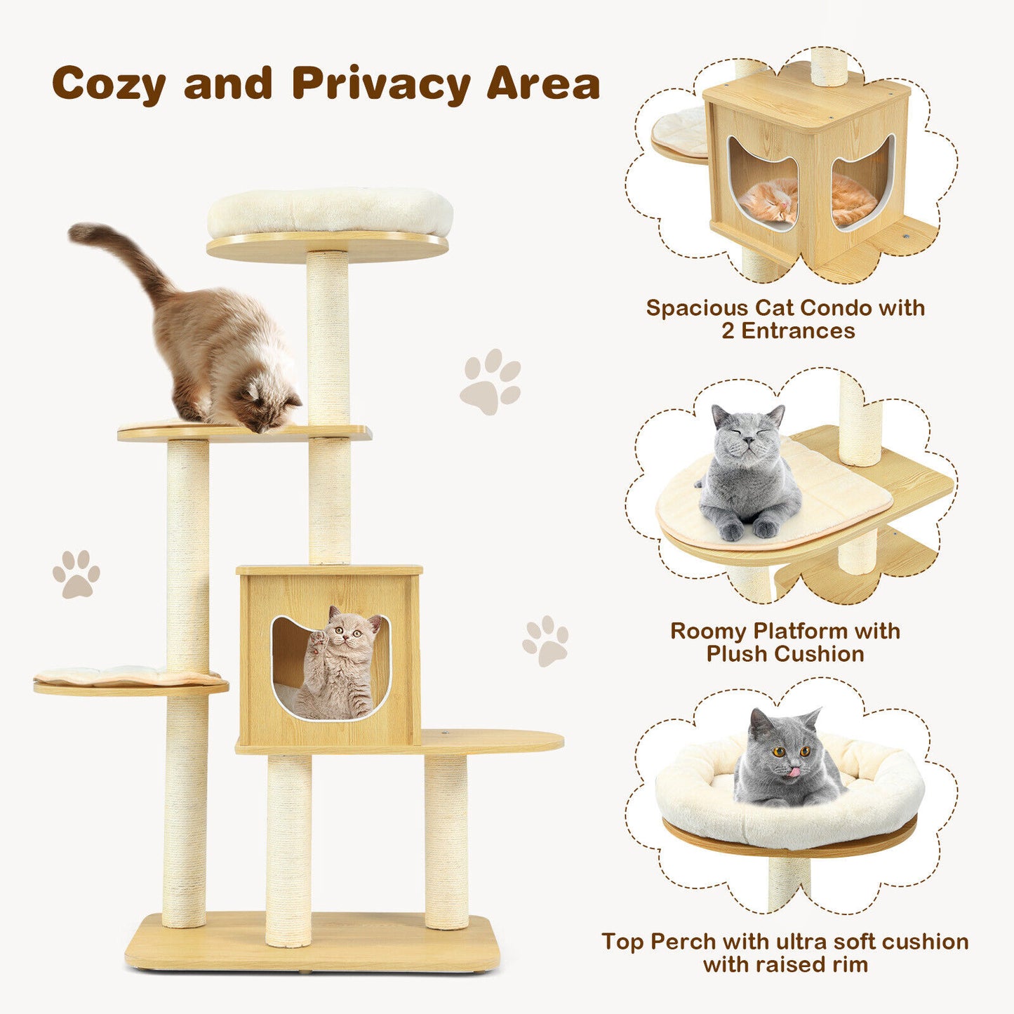 Cat Tree Tower Scratching Post Kitten Scratcher Trees Condo House Beige 135CM