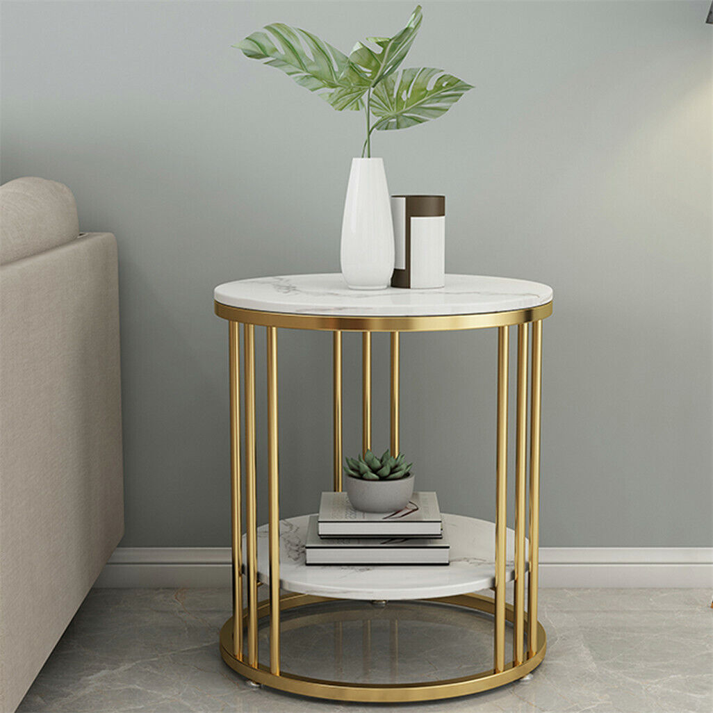 White Accent Side Table Round Sofa End Table with Sintered Stone ? Metal Frame