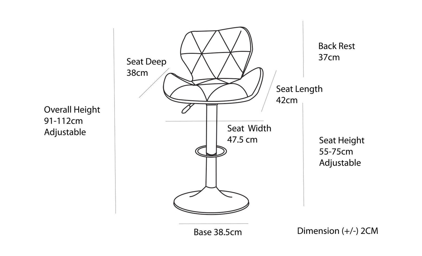 Hacienda 2 Comfortable Bar Stools (White) w/ Adjustable Height, 90-112cm