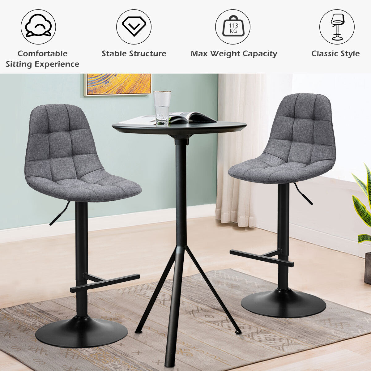 2 Pcs Barstools Adjustable Swivel Bar Stools Counter Height Linen Chairs