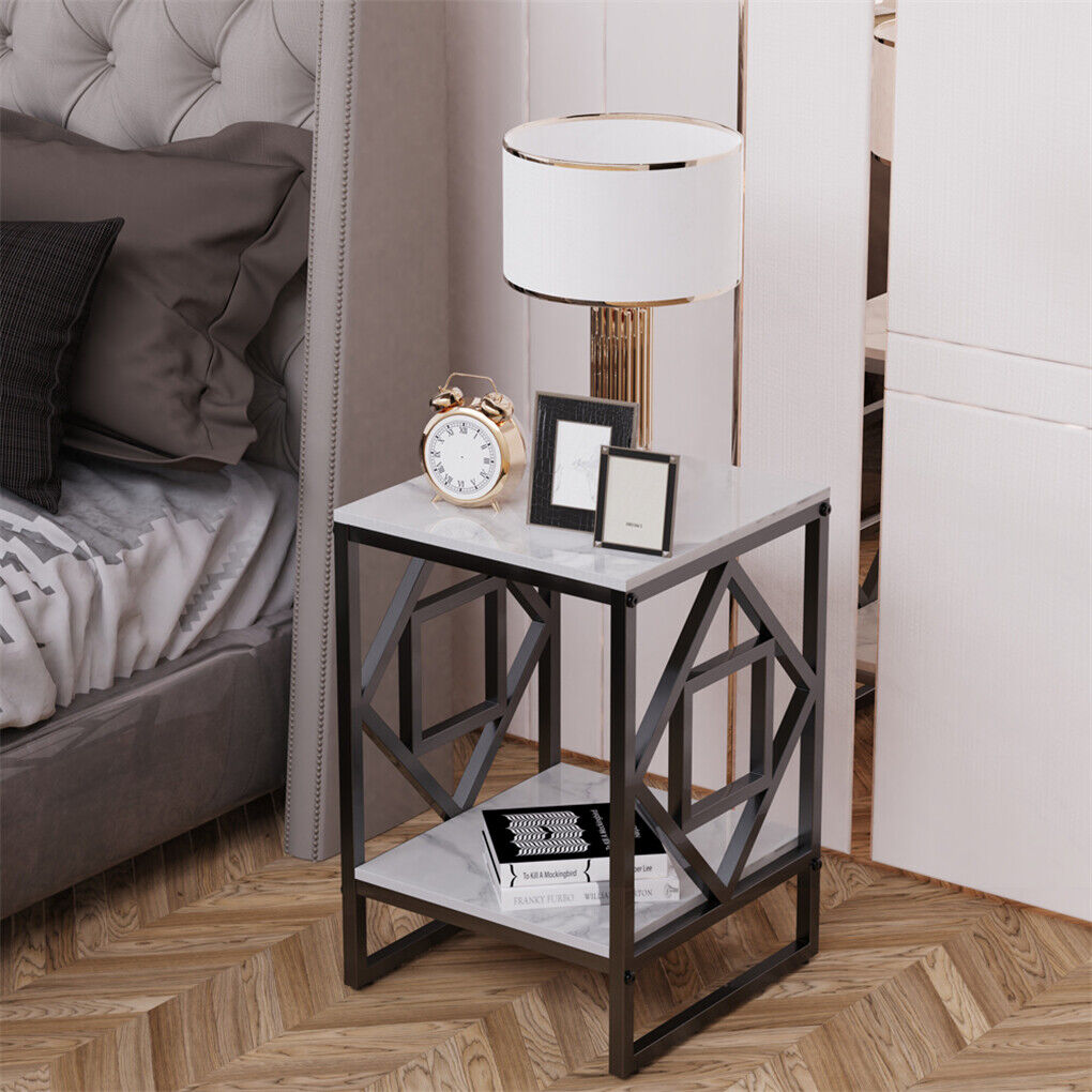 Sleek White Marble Side Table Sofa End Table Bedside Nightstand w Durable Frame
