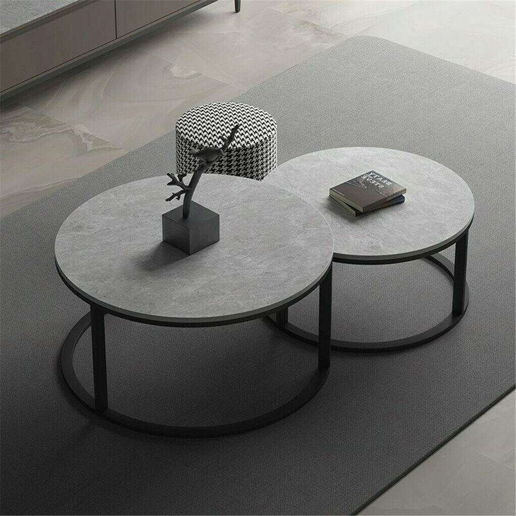 Set of 2 Real Marble Round Nesting Coffee Table Grey Side End Table Accent Table