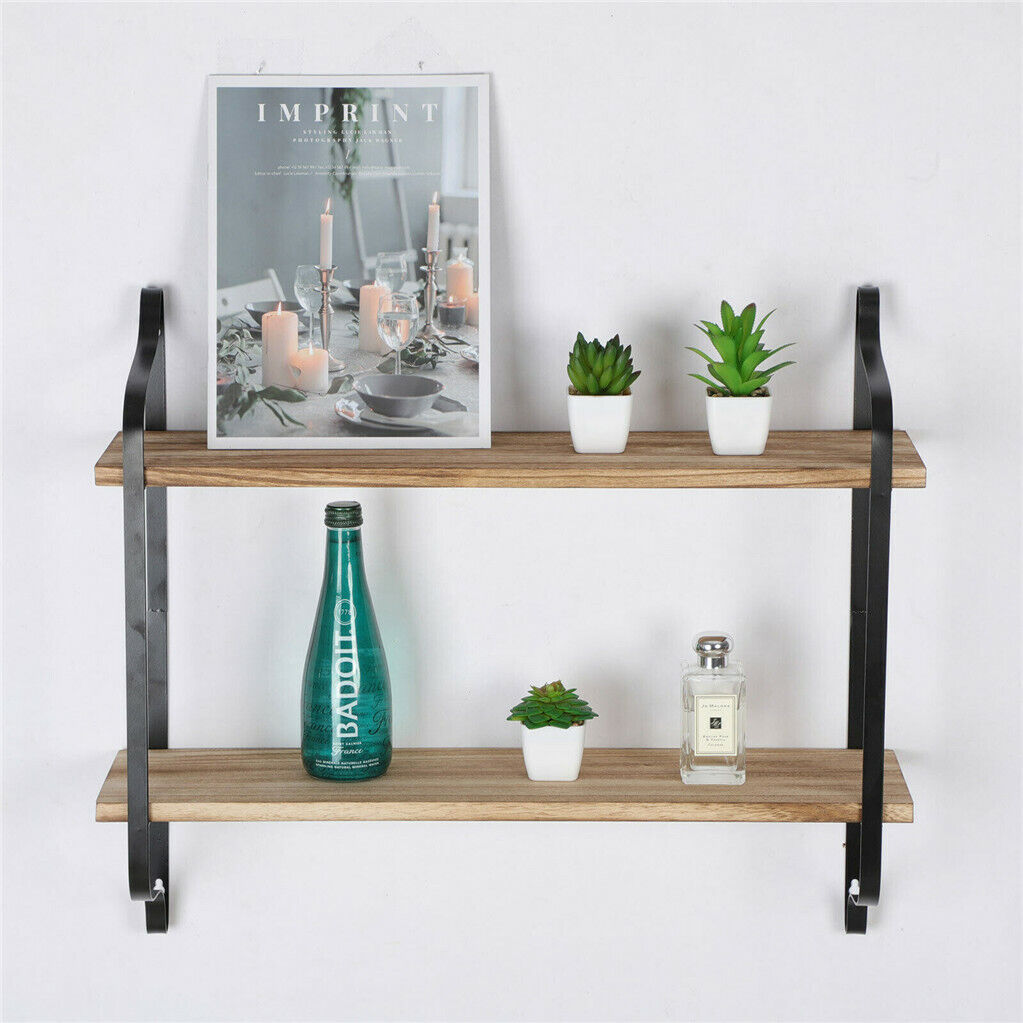 2 Layer Wood Wall Shelves Home Decor Floating Shelf Metal Hanging Storage Rack