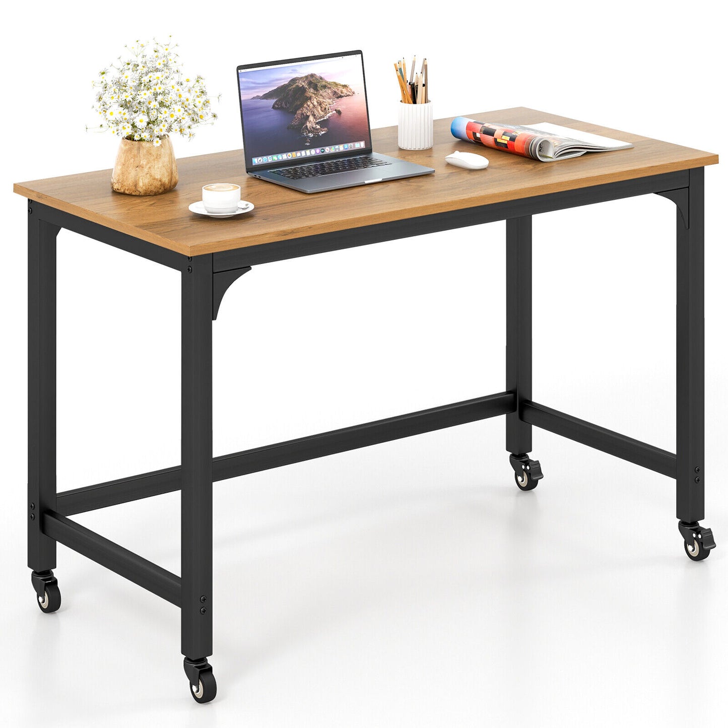 Rolling Computer Desk Metal Frame PC Laptop Table WoodStudy Workstation