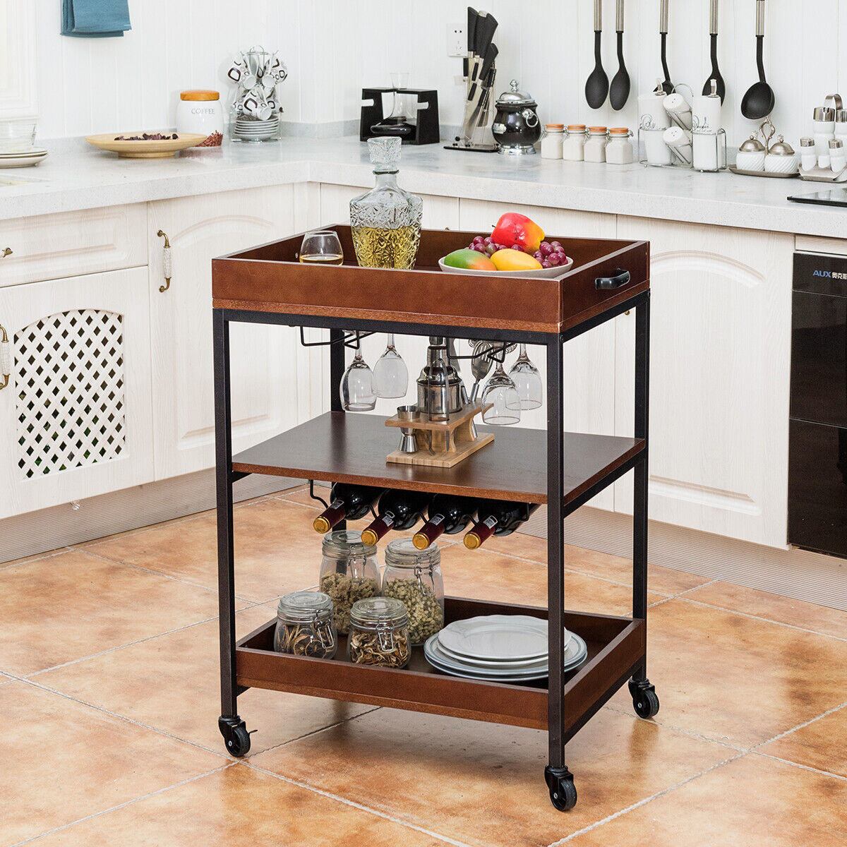 Kitchen Serving Cart Utility Trolley Cart 3-Tier Shelf w/ Glass Holder