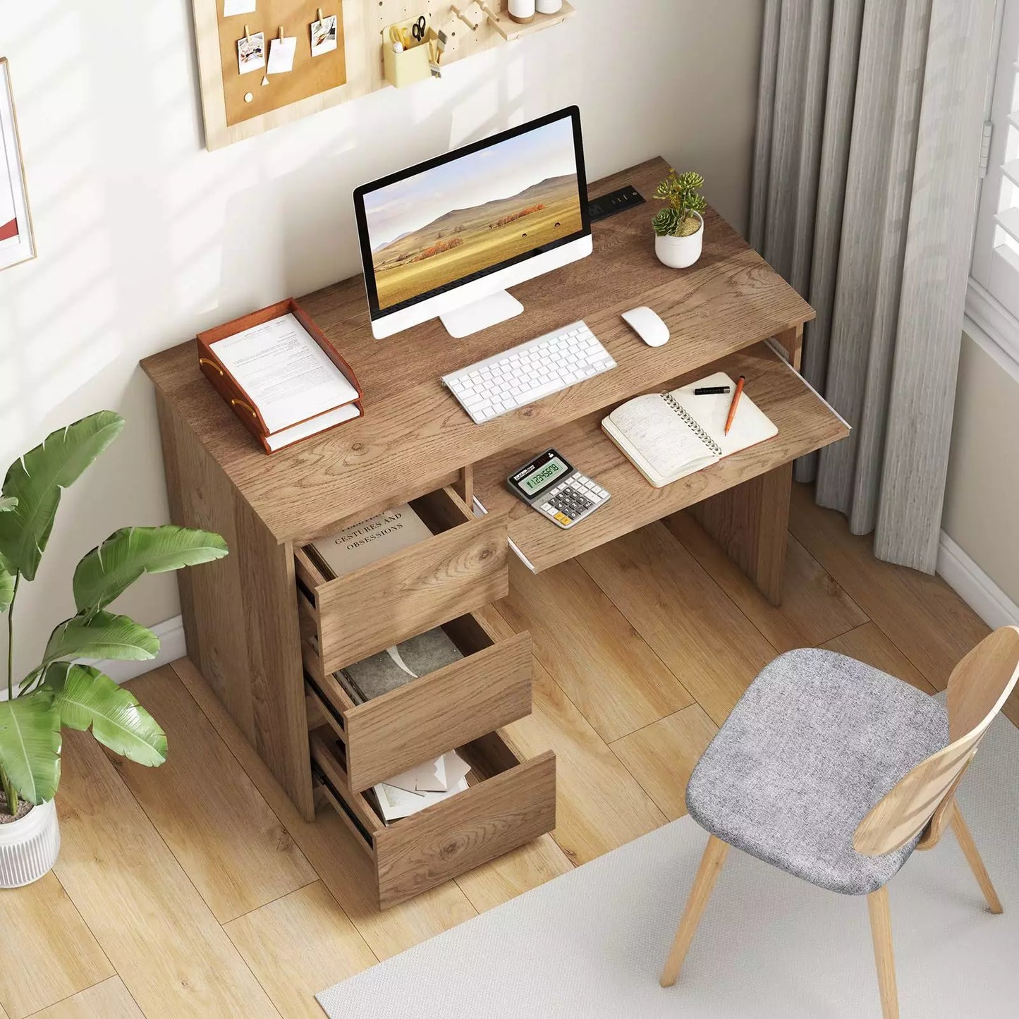 Computer Desk with Power Outlet, Keyboard Tray & Drawers – Versatile Home Office Workstation