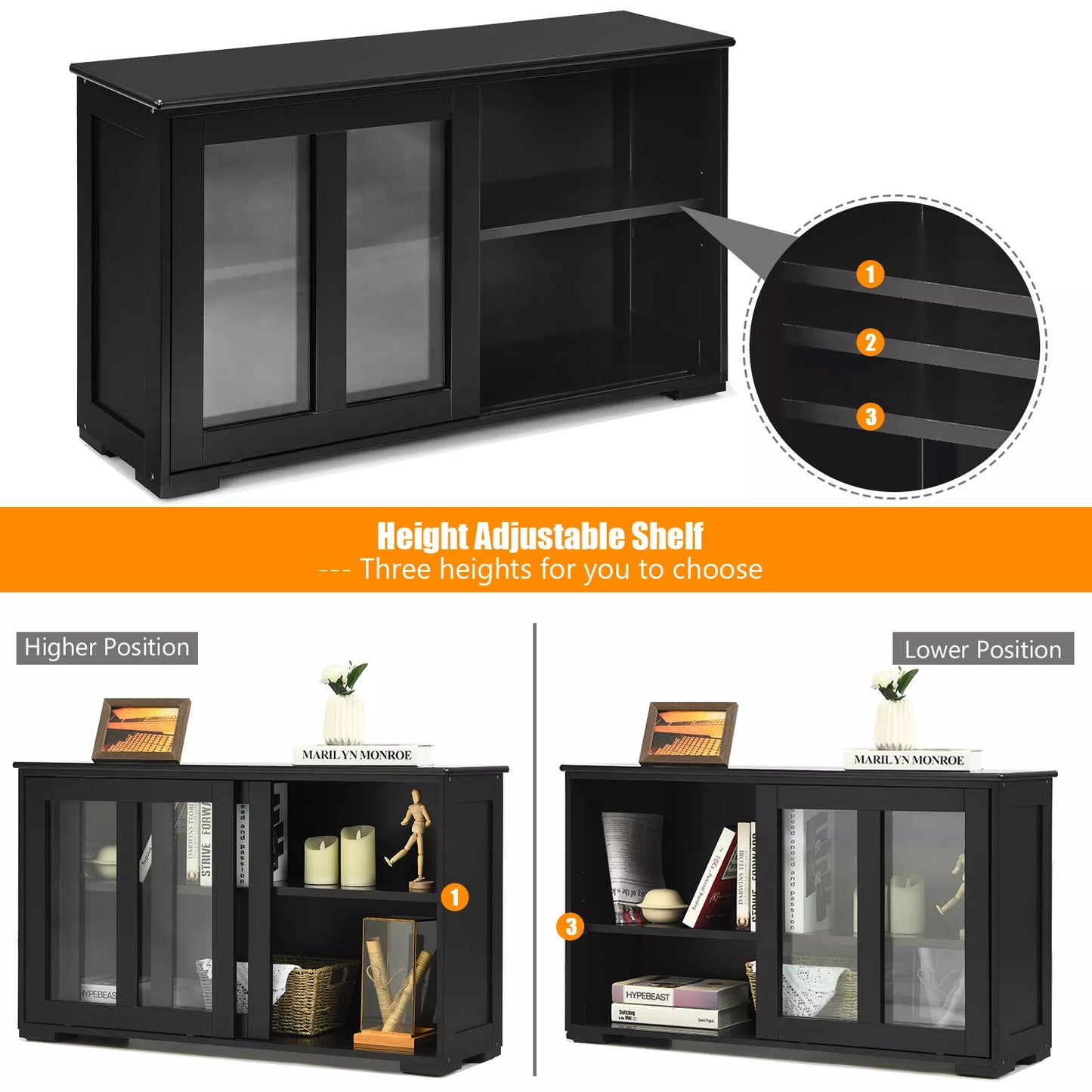 Black Kitchen Buffet Cabinet – Sideboard with Storage Shelves and Doors