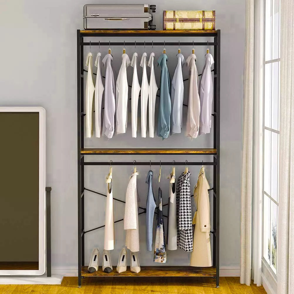 Freestanding Double Rod Closet Organizer – 3-Tier Shelves Garment Rack for Clothes Storage