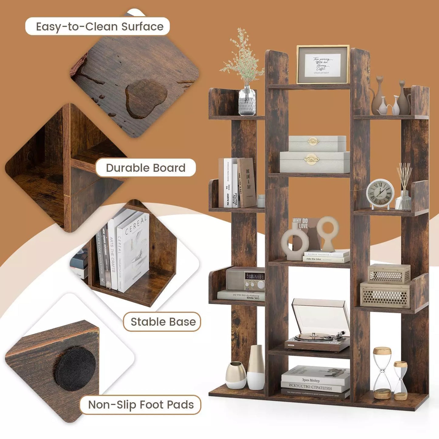 Tall Tree-Shaped Bookshelf with Open Shelves and Corner Storage Organizer