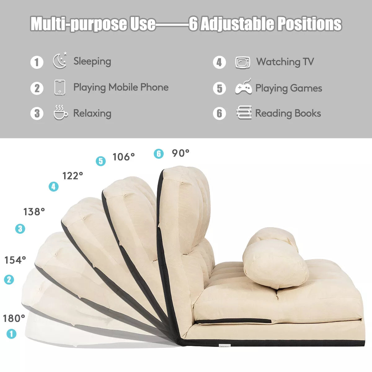 Adjustable Foldable Floor Sofa Bed Chair with 6 Positions & 2 Pillows