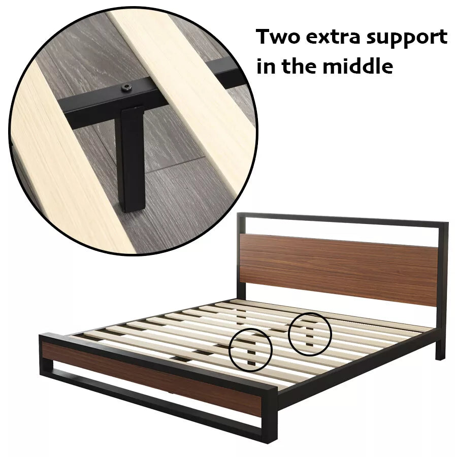 Queen Size Metal and Wood Bed Frame – Super Strong Mattress Base Platform