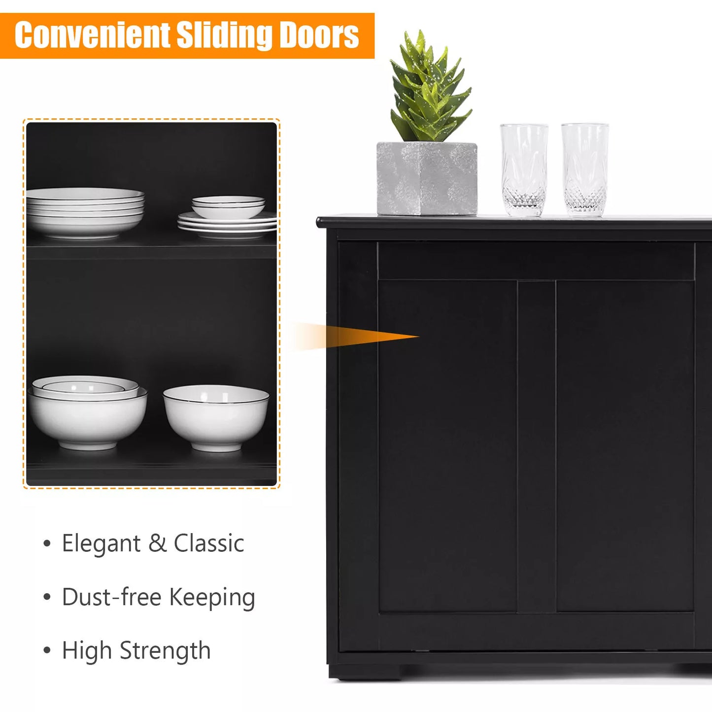 Modern Black Buffet Sideboard – Kitchen Storage Cabinet with Sliding Doors