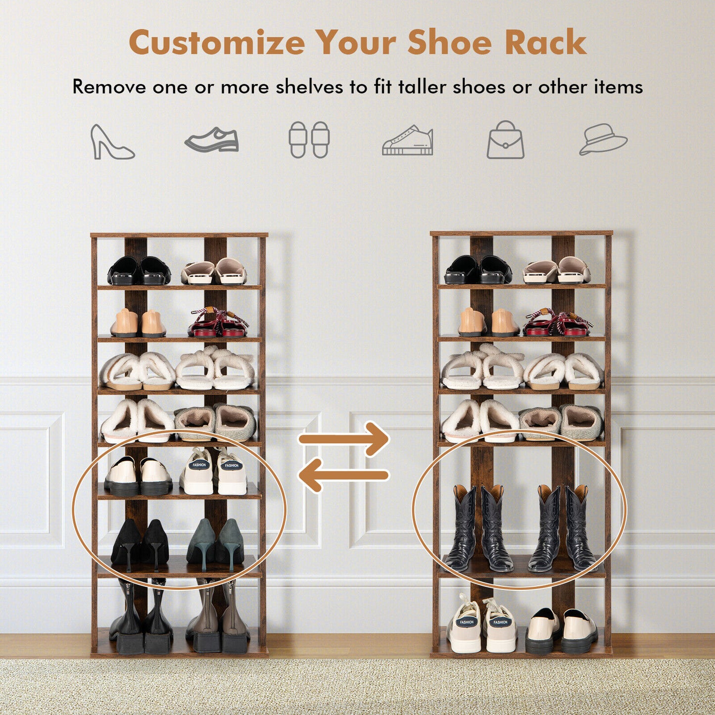 7-Tier Rustic Brown Vertical Wooden Shoe Storage Organizer