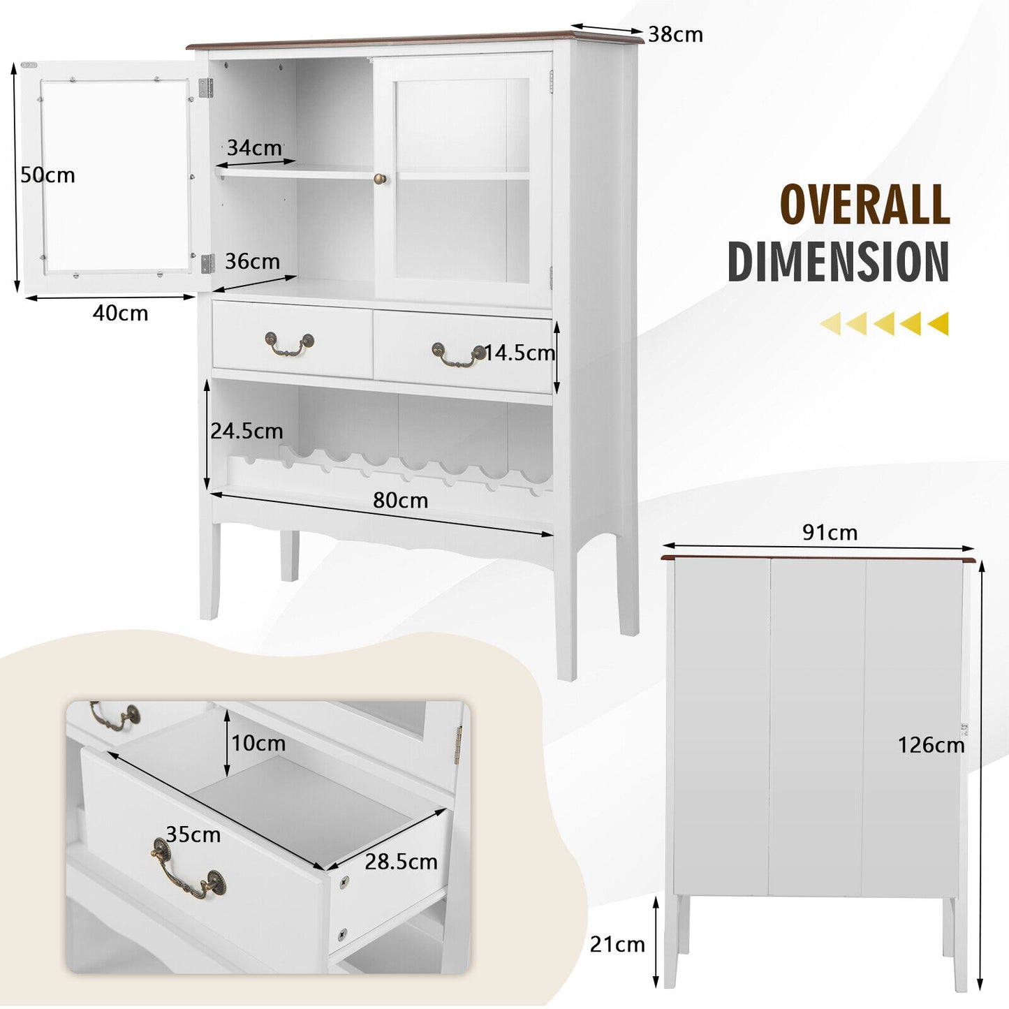 2-Door Liquor Coffee Bar Cabinet Freestanding Buffet Sideboard Wine Rack Drawers