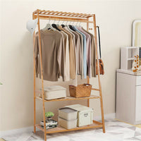 Rail Bamboo Clothes Rack Garment Hanging Stand 3 Tier Storage Shelves Closet