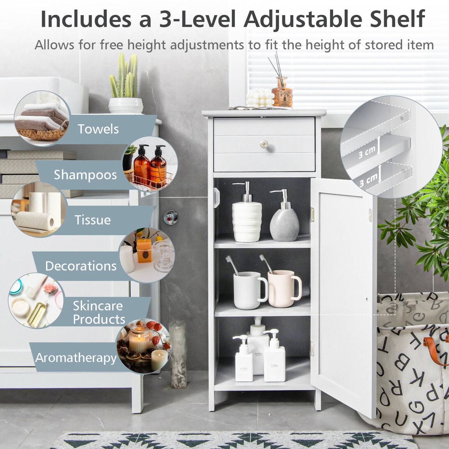 Bathroom Storage Cabinet Side Storage Organizer with Adjustable Shelf