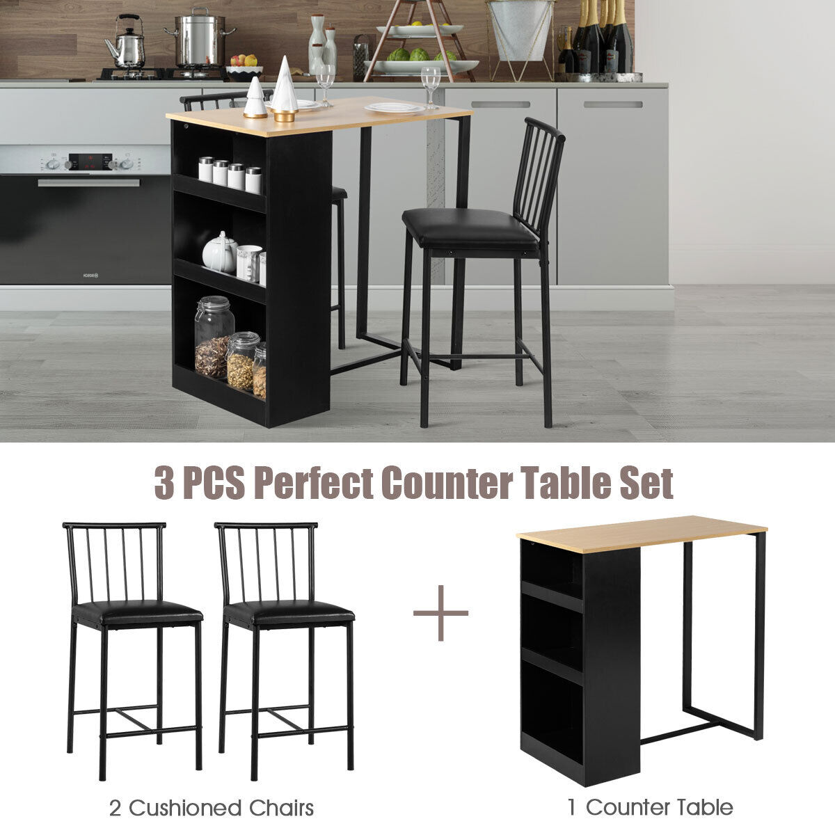 3 Piece Counter Height Pub Dining Set Kitchen Table & Chairs w/ Storage Natural