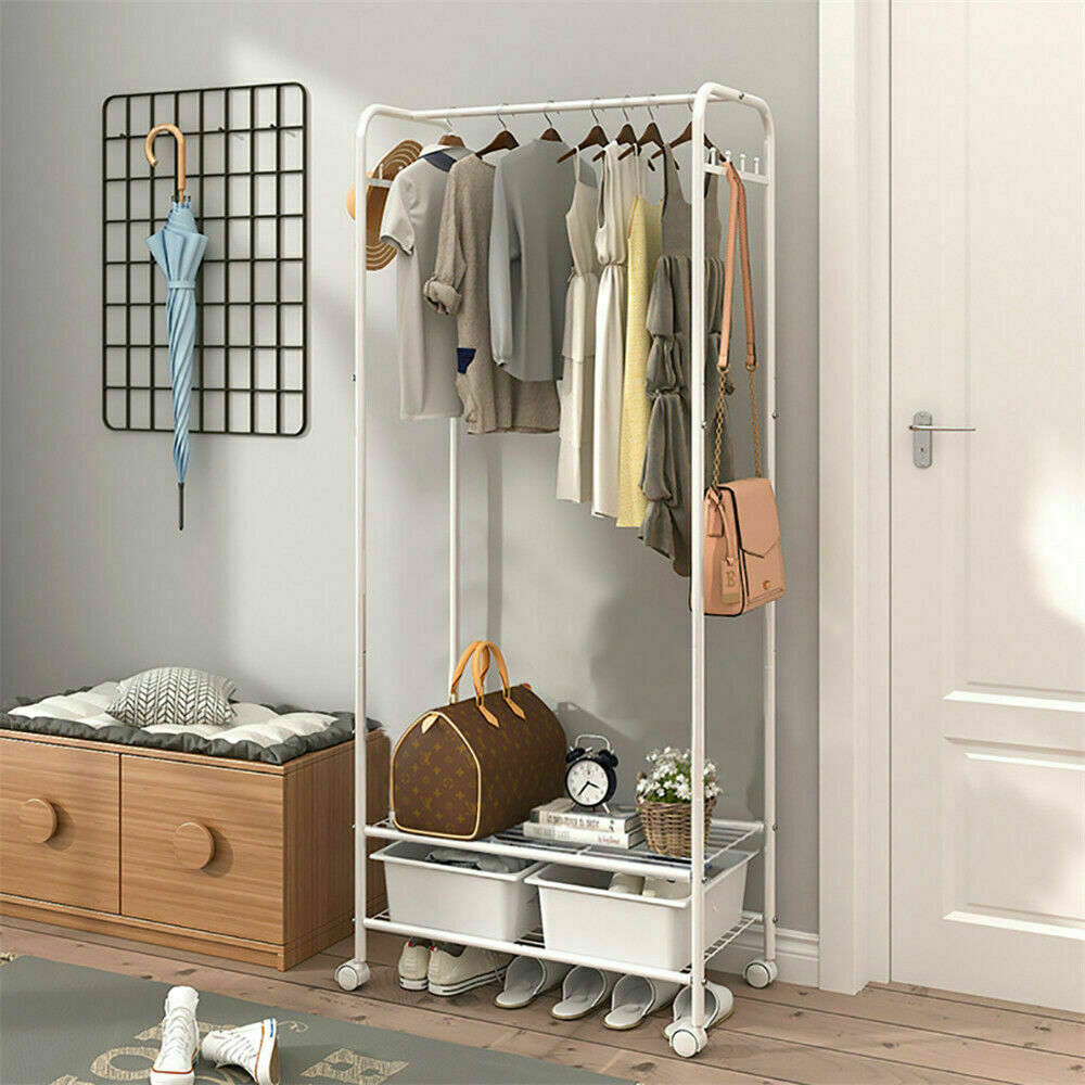 Organize in Style Portable Closet Wardrobe with Freestanding Garment Rack and 2 Shelves on Wheels