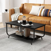 Coffee Table Faux Mable Tabletop 2-Tier Storage Shelf Modern Black