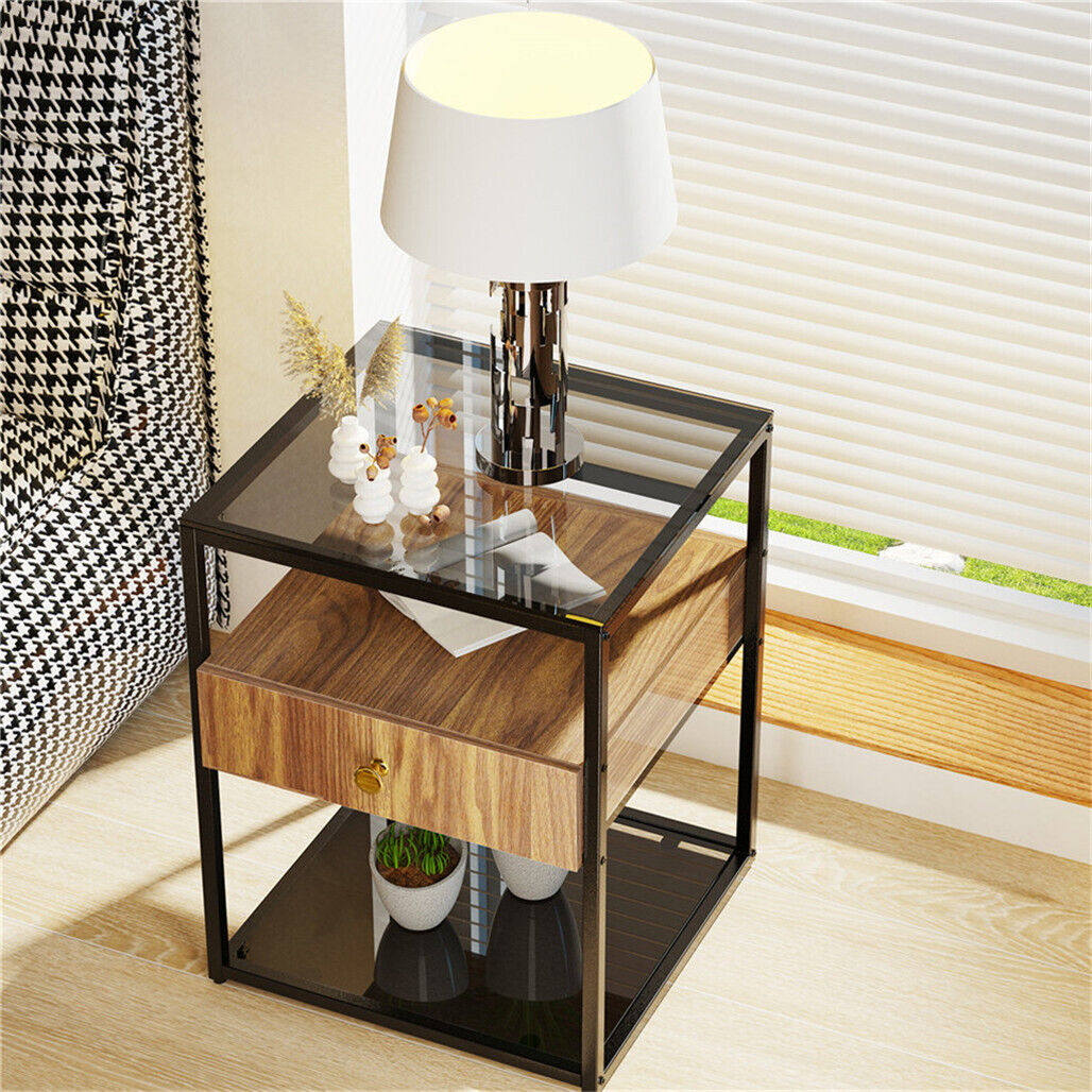 Elegant End Tables Coffee Table Glass Surface Nightstand Cabinet for Home Office