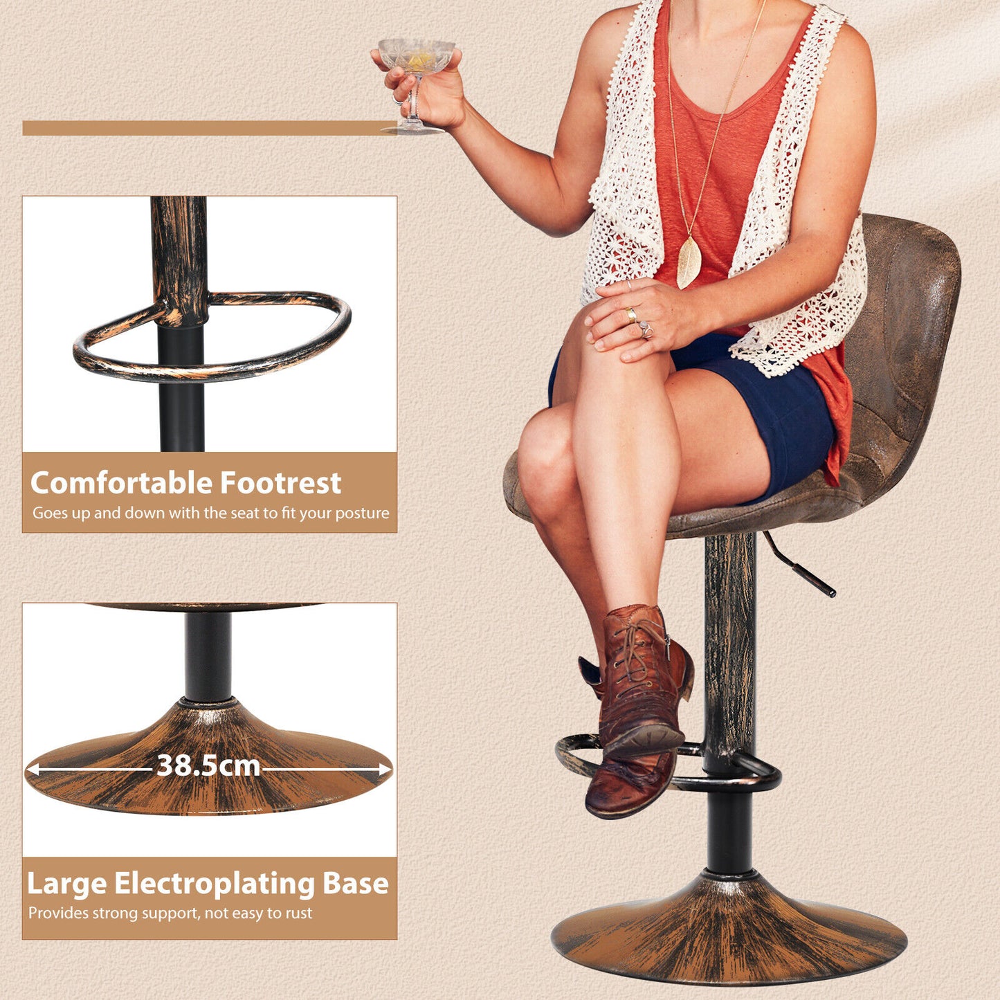 2Pcs Retro Bar Stools Pub Chairs Set Adjustable Kitchen Swivel Barstools