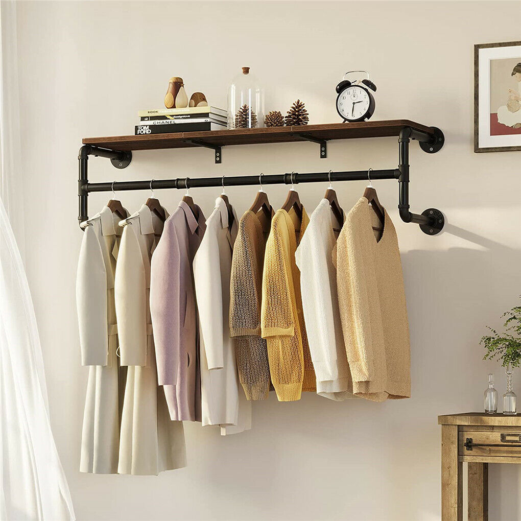 Industrial Pipe Wall Mounted Garment Rack with Top Shelf Hanging Clothes Rack