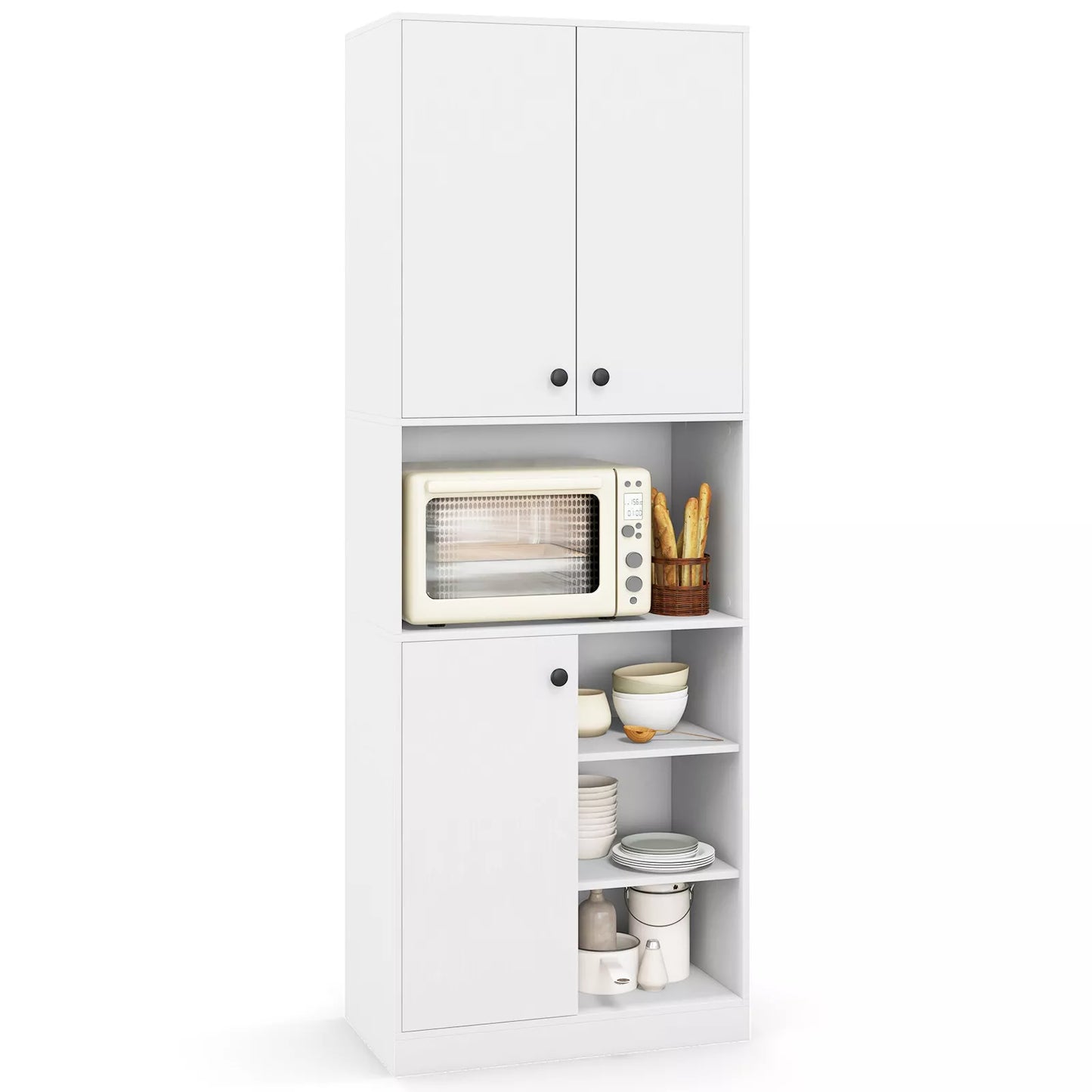 166cm Tall Modern Kitchen Pantry Cabinet with Hutch & Open Shelves