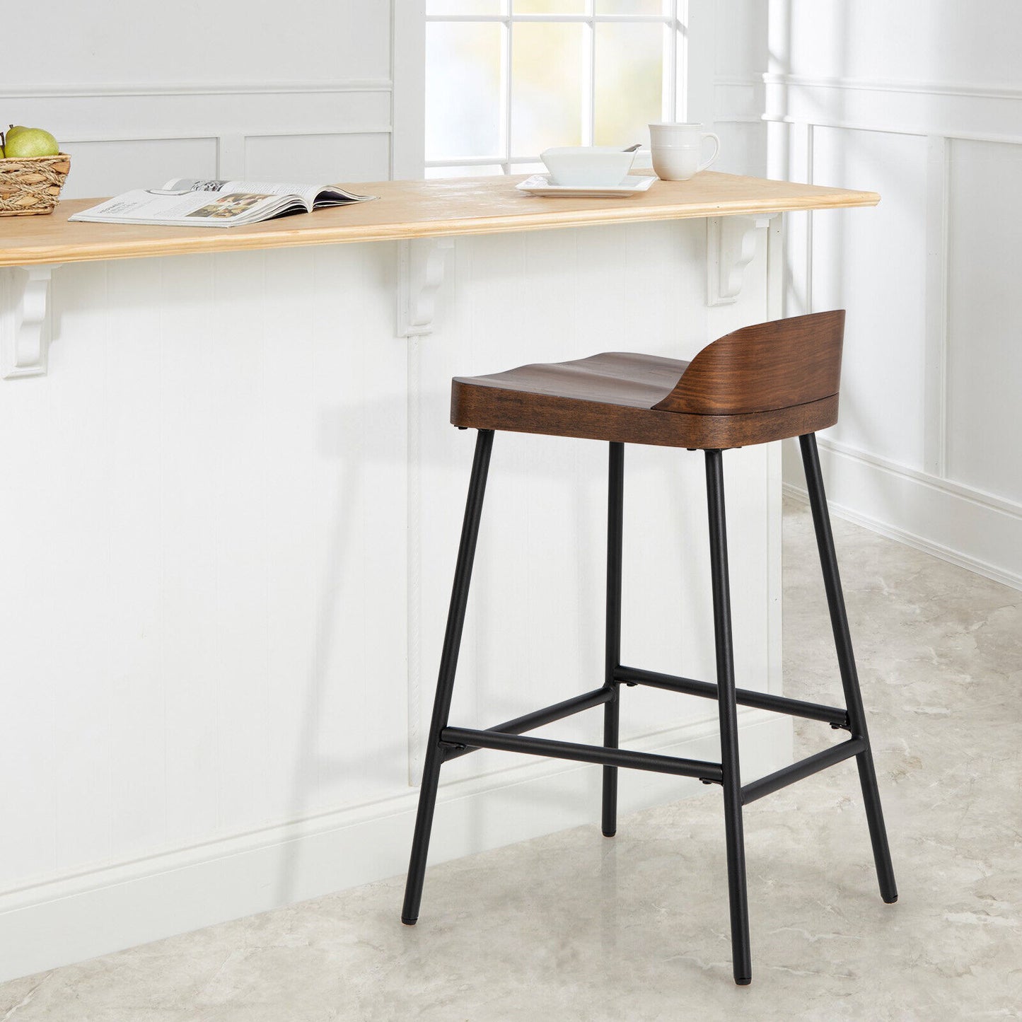 Bar Stool Low Back Saddle Seat Wood Kitchen Stool Dining Pub Chair Metal